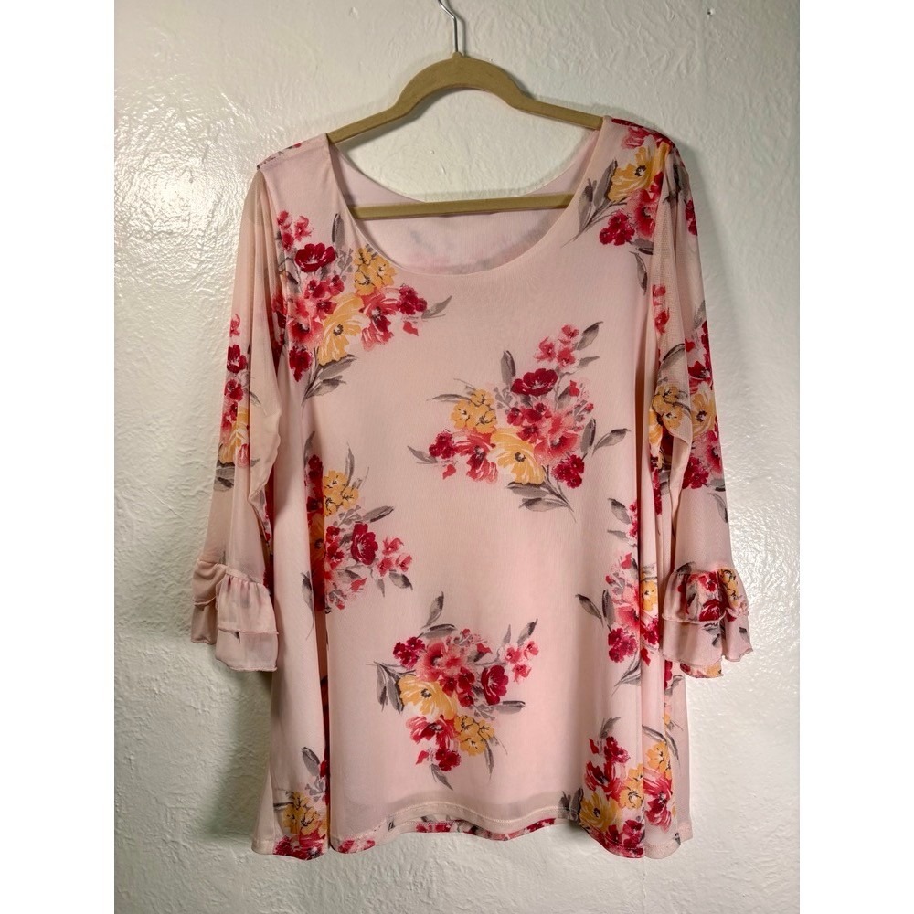Papermoon Tunic Top Pink Floral Bell Sleeve XL Fairy Cottagecore Shabby Chic